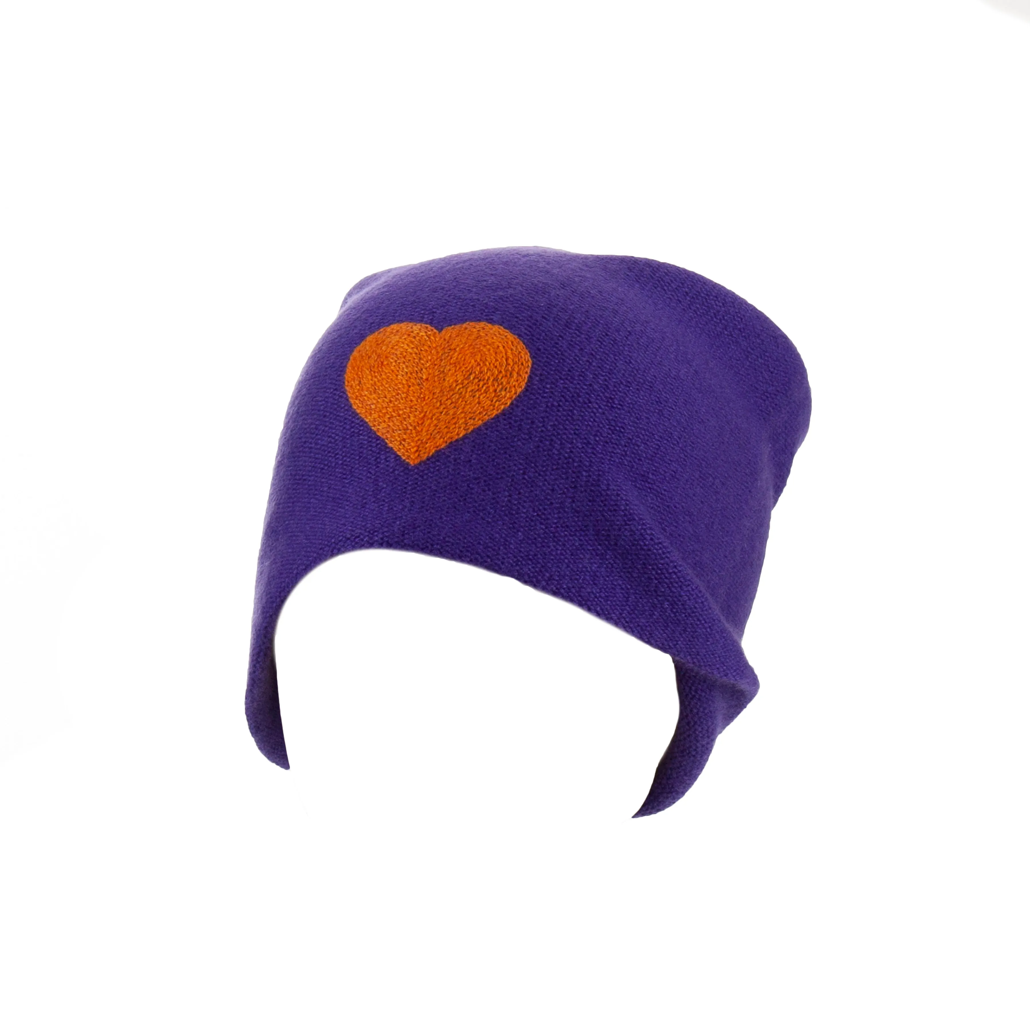 Reversible Slouchy Purple Cashmere Hat with Orange Heart