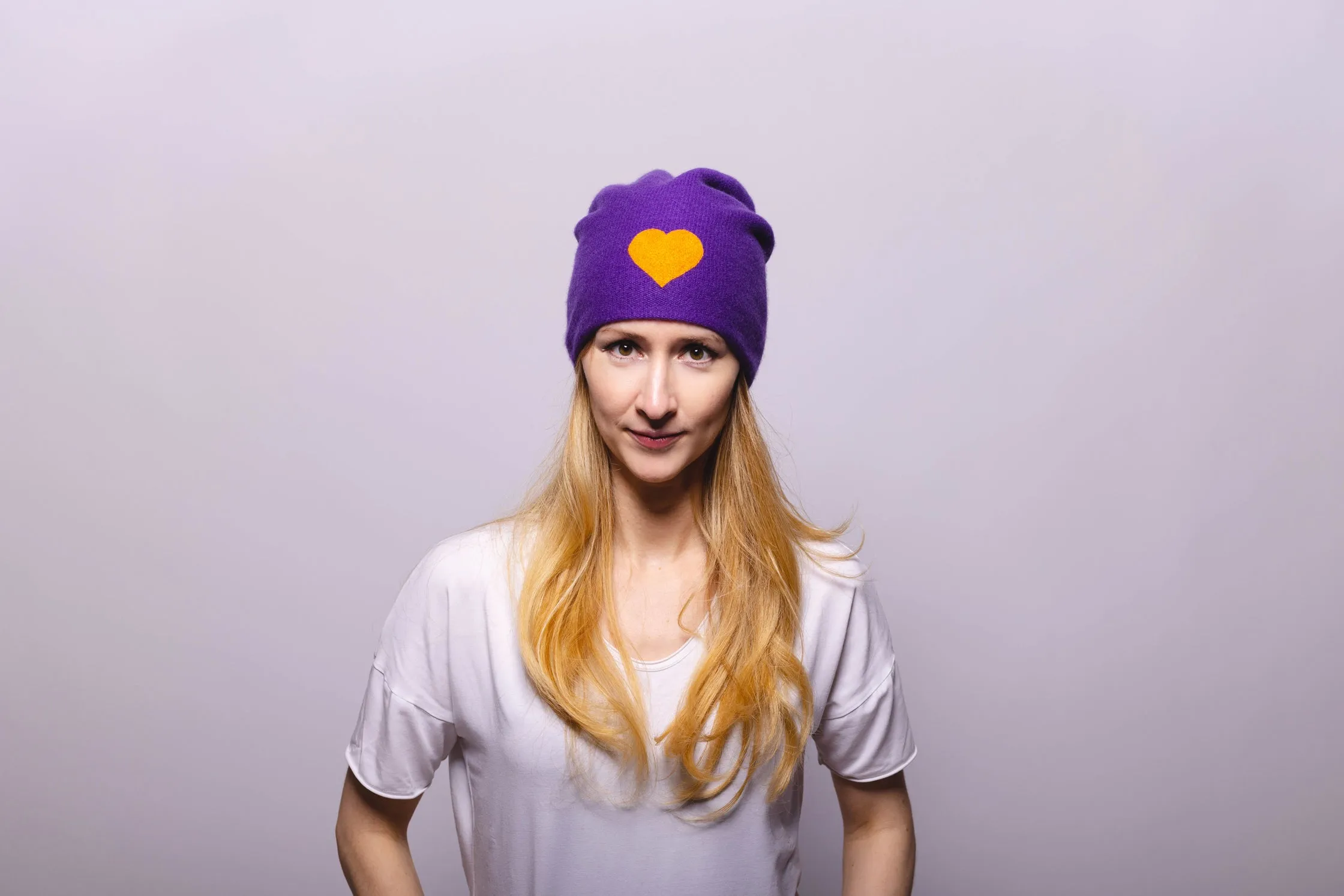 Reversible Slouchy Purple Cashmere Hat with Orange Heart