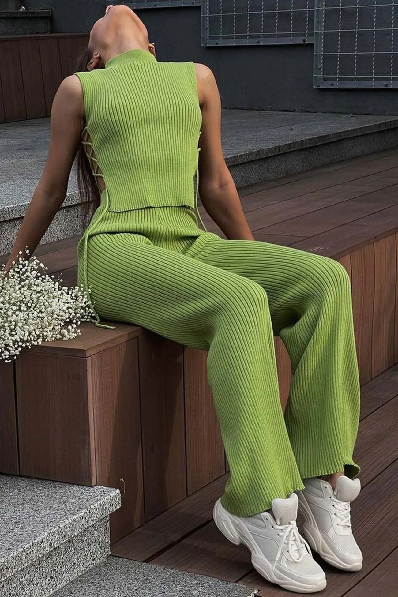 Ribbed Knit Lace-up Tank Top Pants Suits