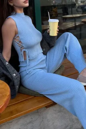 Ribbed Knit Lace-up Tank Top Pants Suits