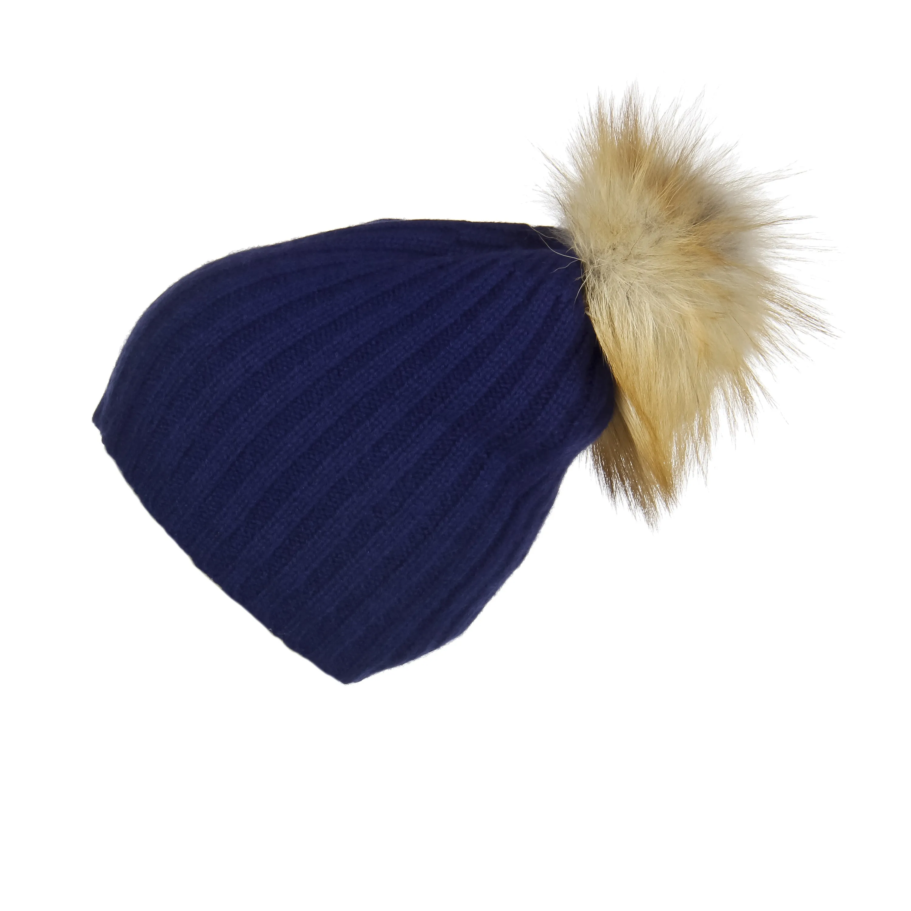 Ribbed Navy Cashmere Hat with Light Caramel Pom-Pom