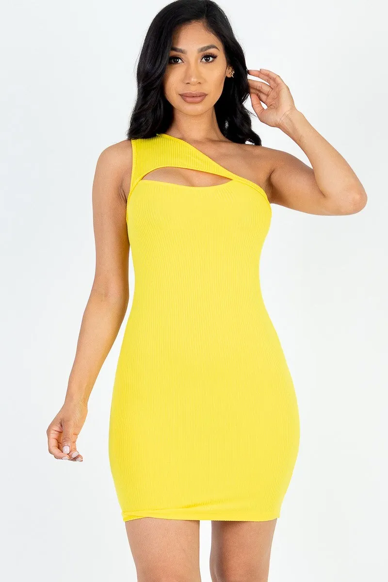 Ribbed One Shoulder Cutout Front Mini Bodycon Dress