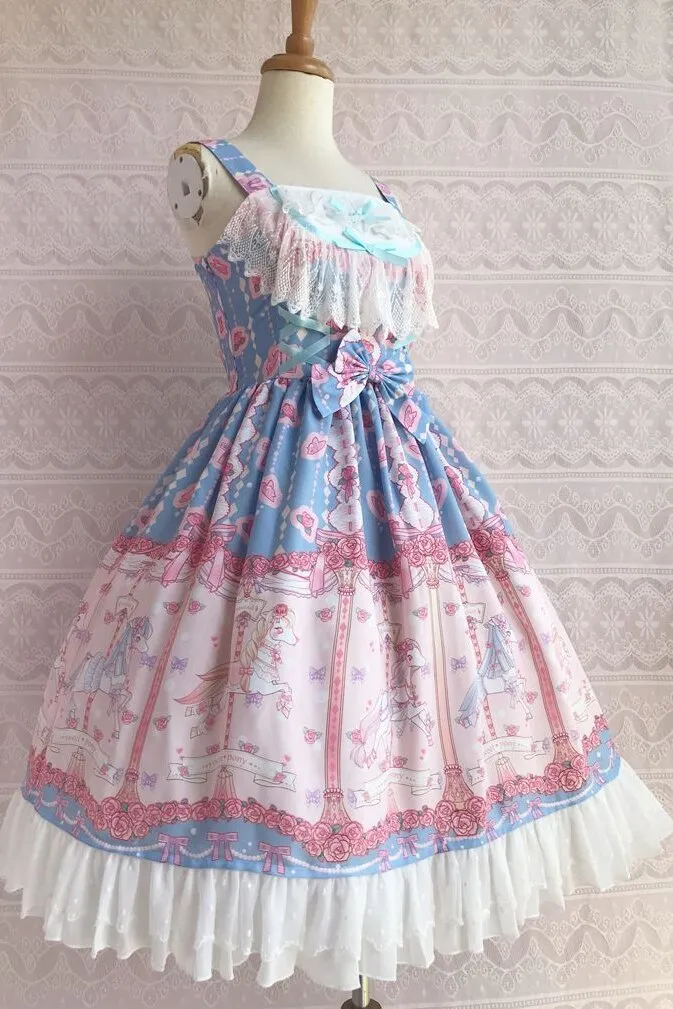 Rose & Carousel Printed Sweet Lolita Dress Sleeveless Midi Chiffon Dress by Yiliya