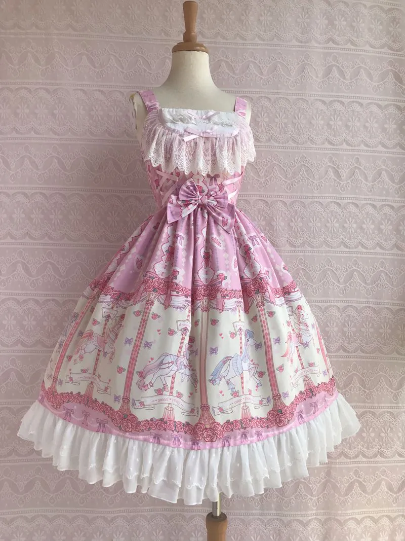 Rose & Carousel Printed Sweet Lolita Dress Sleeveless Midi Chiffon Dress by Yiliya