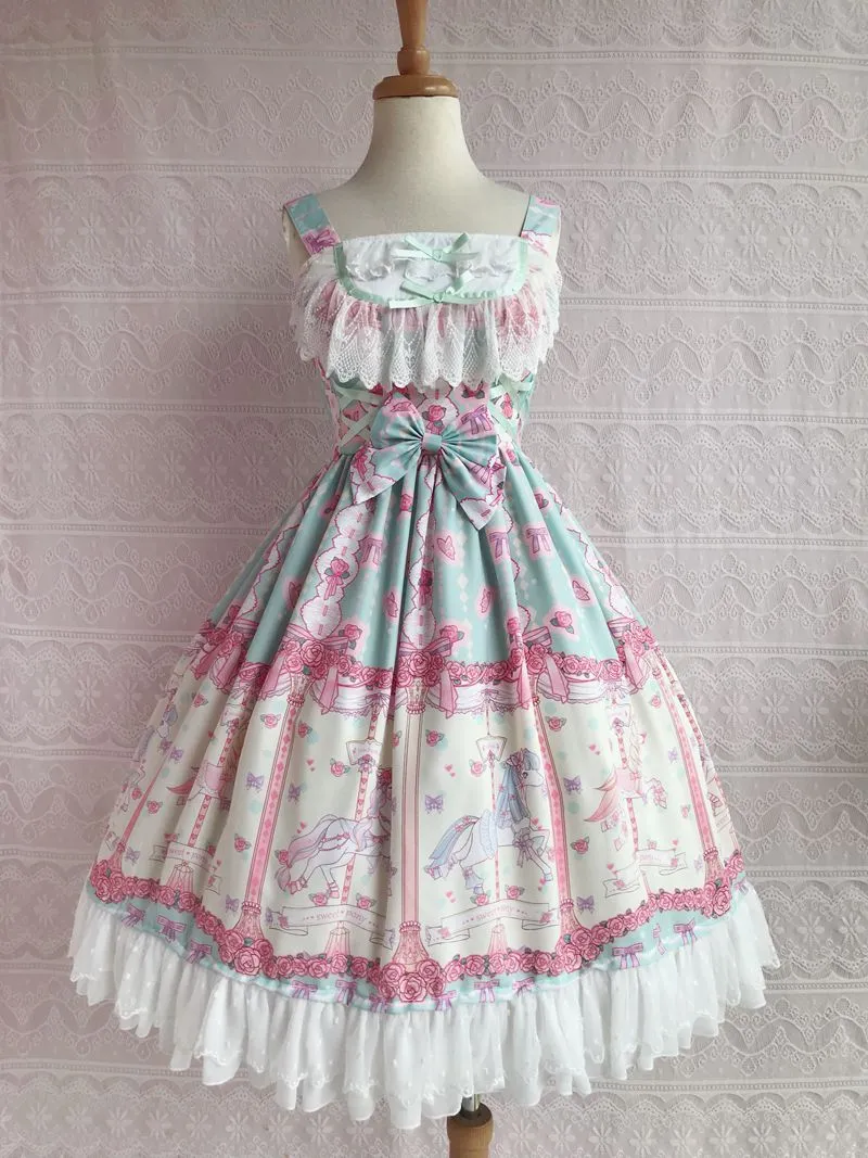 Rose & Carousel Printed Sweet Lolita Dress Sleeveless Midi Chiffon Dress by Yiliya