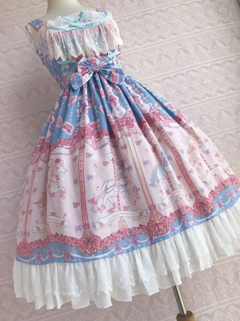 Rose & Carousel Printed Sweet Lolita Dress Sleeveless Midi Chiffon Dress by Yiliya