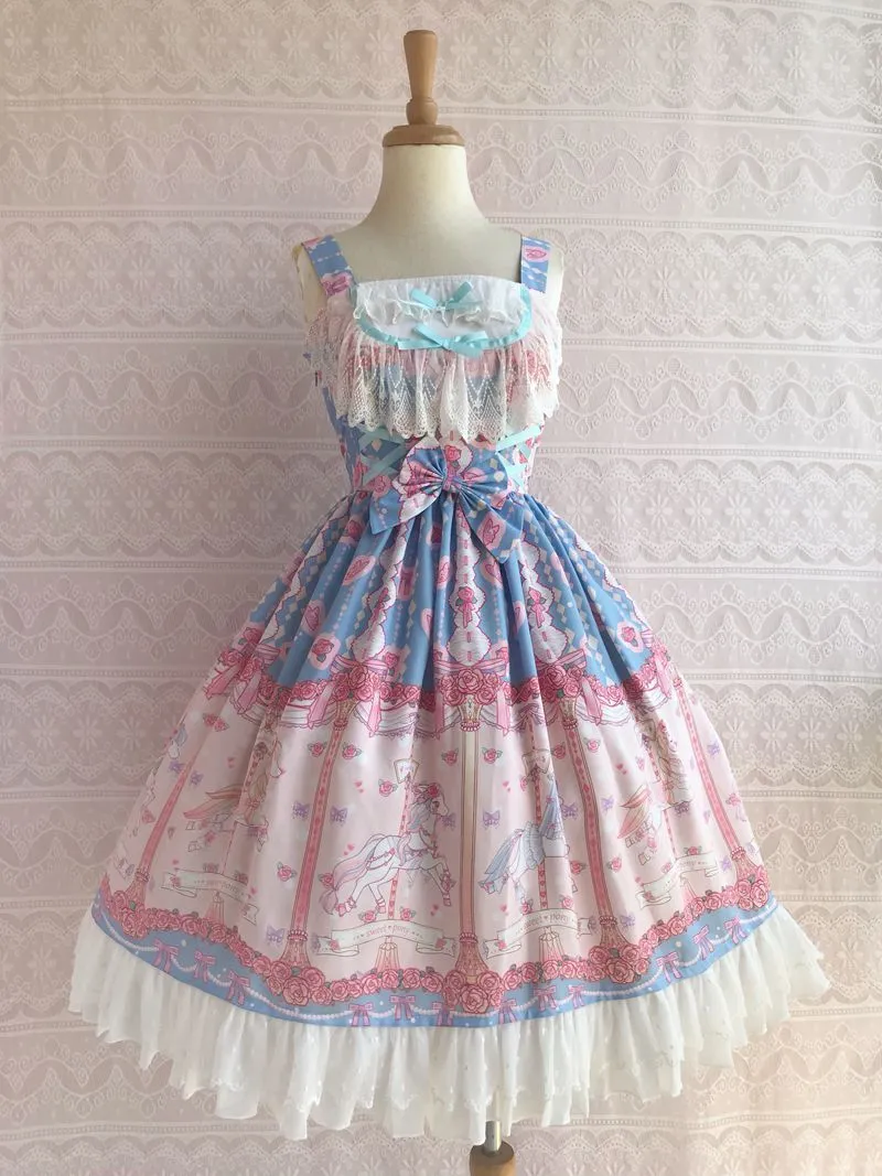 Rose & Carousel Printed Sweet Lolita Dress Sleeveless Midi Chiffon Dress by Yiliya