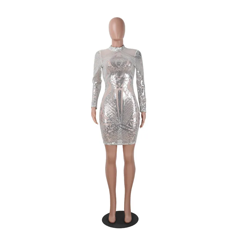 “Royal Cut” Sequins geometric style bodycon party dress