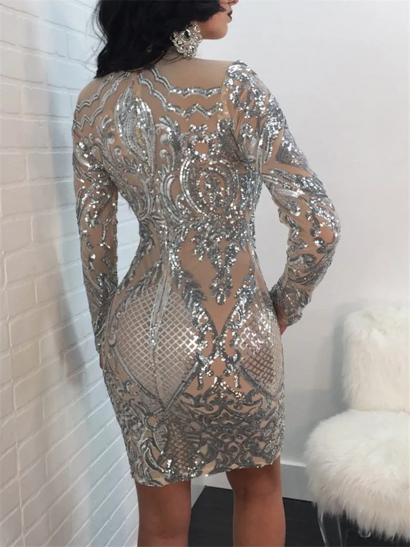 “Royal Cut” Sequins geometric style bodycon party dress