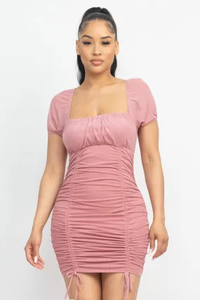 Ruched Square Neck Mesh Sleeve Dress