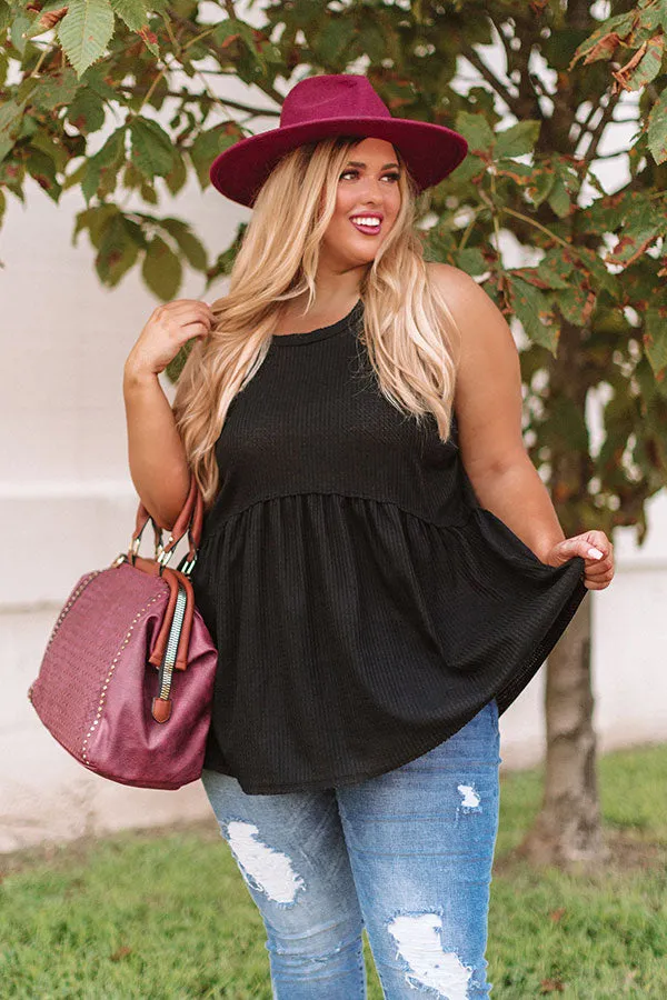 Seaside Breeze Waffle Knit Babydoll Tank In Black Curves