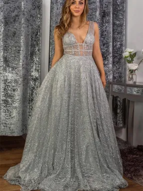 Shiny Sequins V Neck Silver Gray Long Prom Dresses, Silver Grey Formal Graduation Evening Dresses