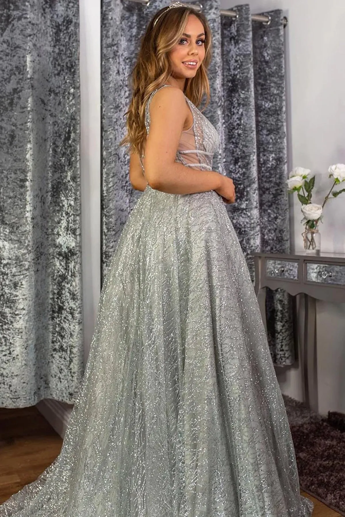 Shiny Sequins V Neck Silver Gray Long Prom Dresses, Silver Grey Formal Graduation Evening Dresses