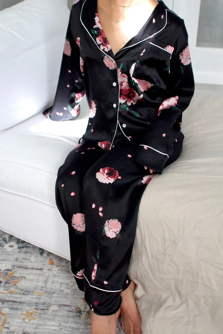 Silk Charmeuse PJ Pants: Black Rose Print