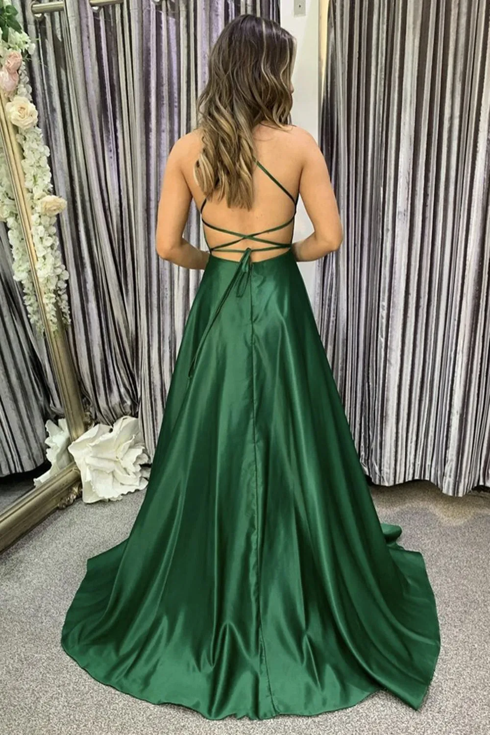 Simple Backless Emerald Green Satin Long Prom, Long Green Formal Graduation Evening