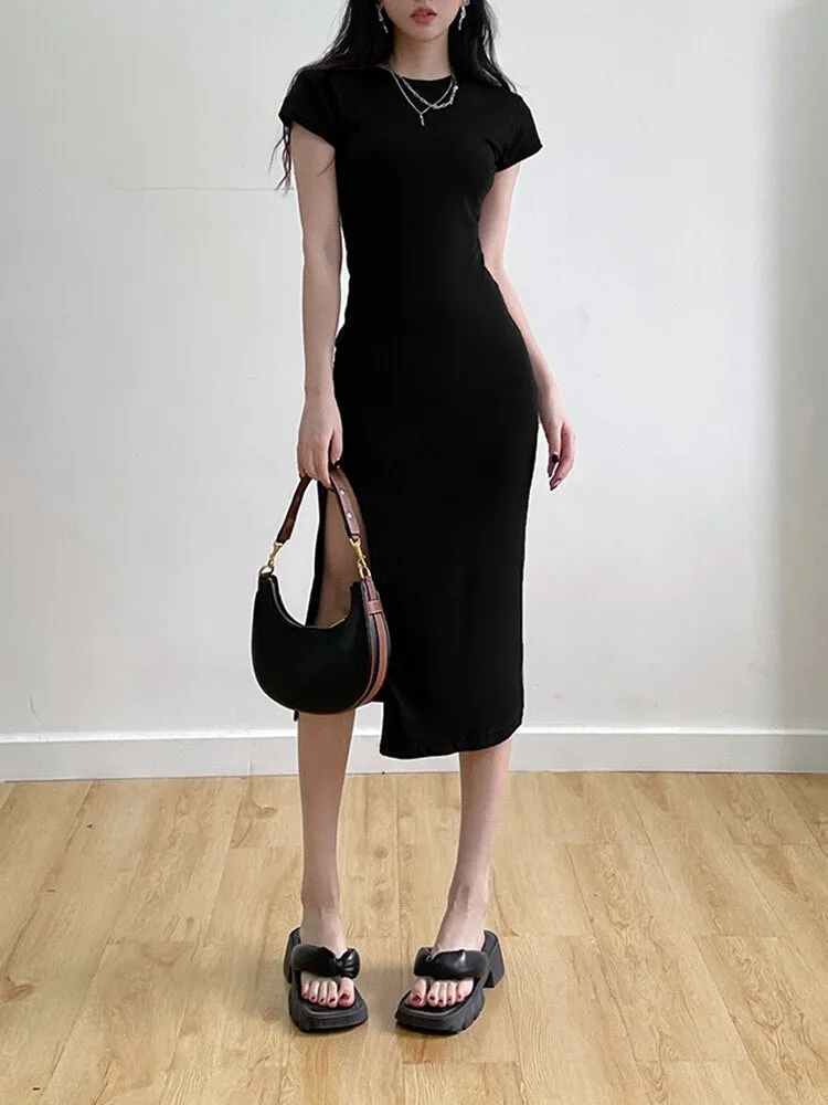 Slim Bodycon Short-Sleeve Stretch Midi Dress