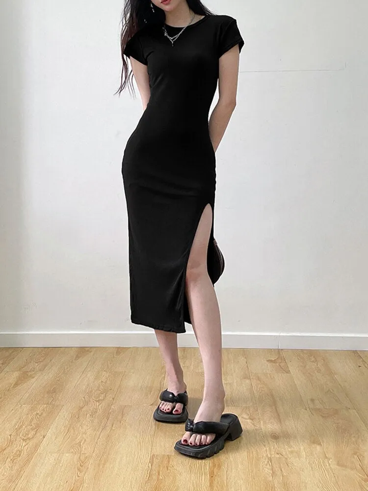 Slim Bodycon Short-Sleeve Stretch Midi Dress