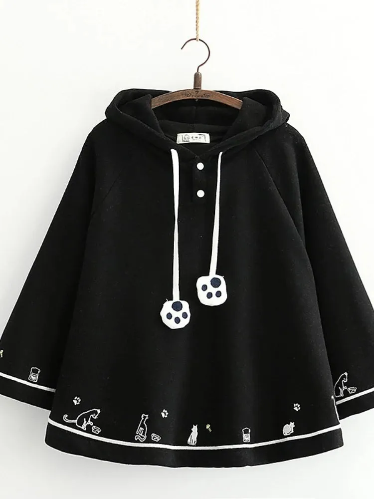 solid black cartoon cat print cute hoodies and hooded sweatshirts winter fleece thick batwing sleeve pullover Tracksuits