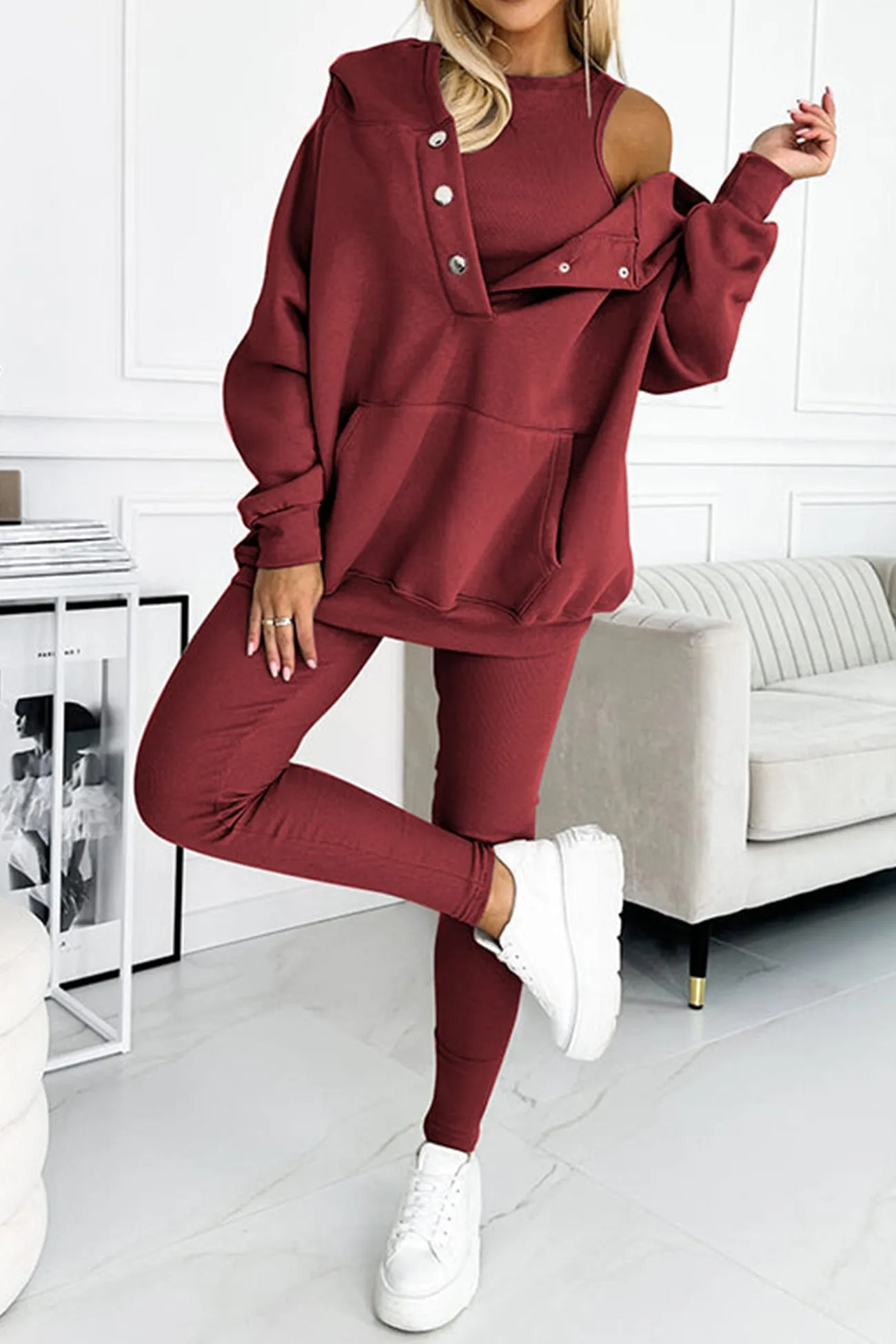 Solid Hoodie Tank Top Three-piece Pants Suits