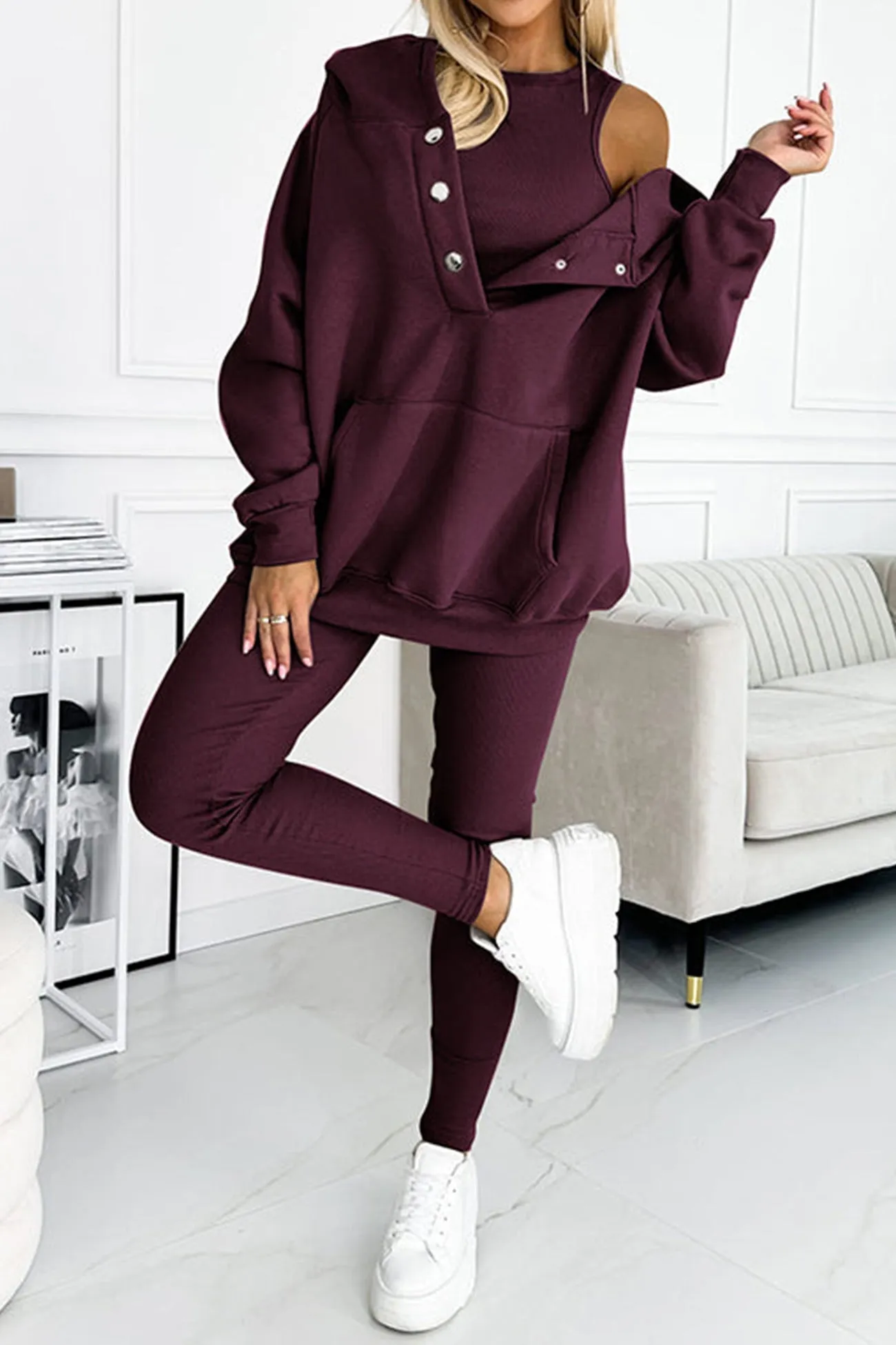 Solid Hoodie Tank Top Three-piece Pants Suits