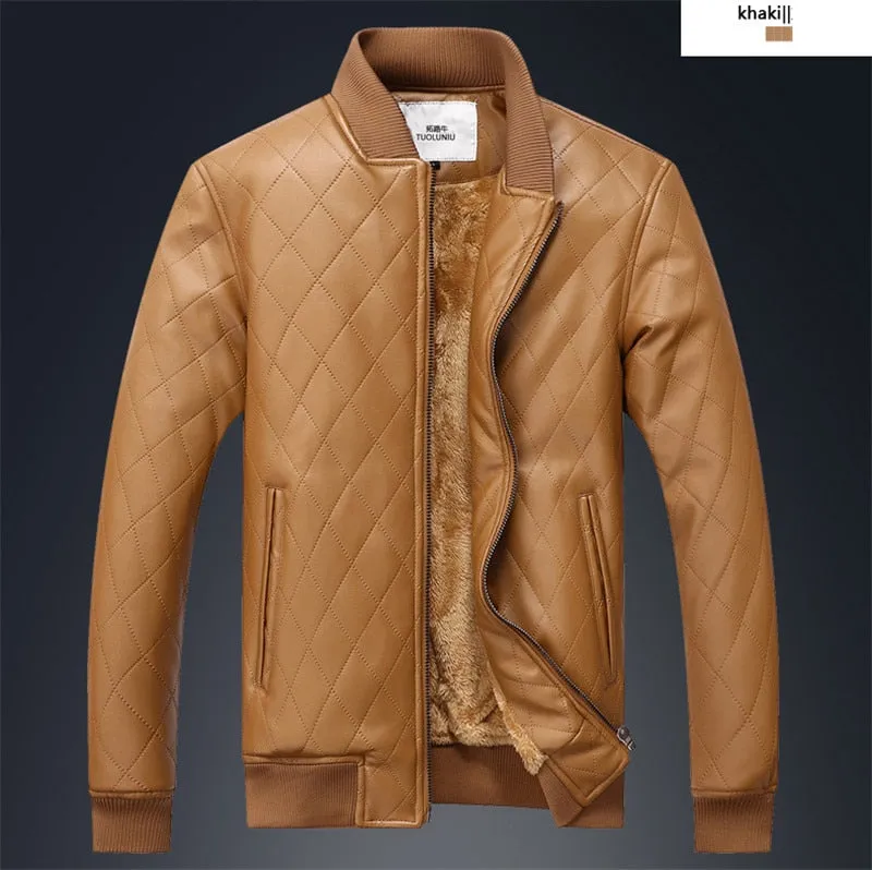 Solid Warm Fleece Plaid Stand Collar Men PU Leather Jacket