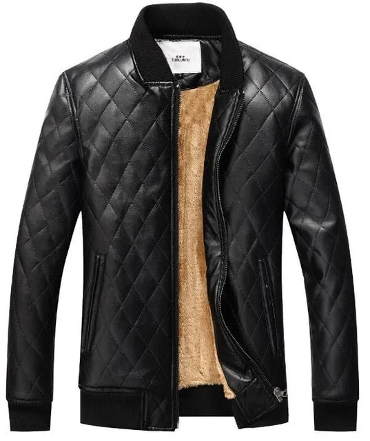 Solid Warm Fleece Plaid Stand Collar Men PU Leather Jacket