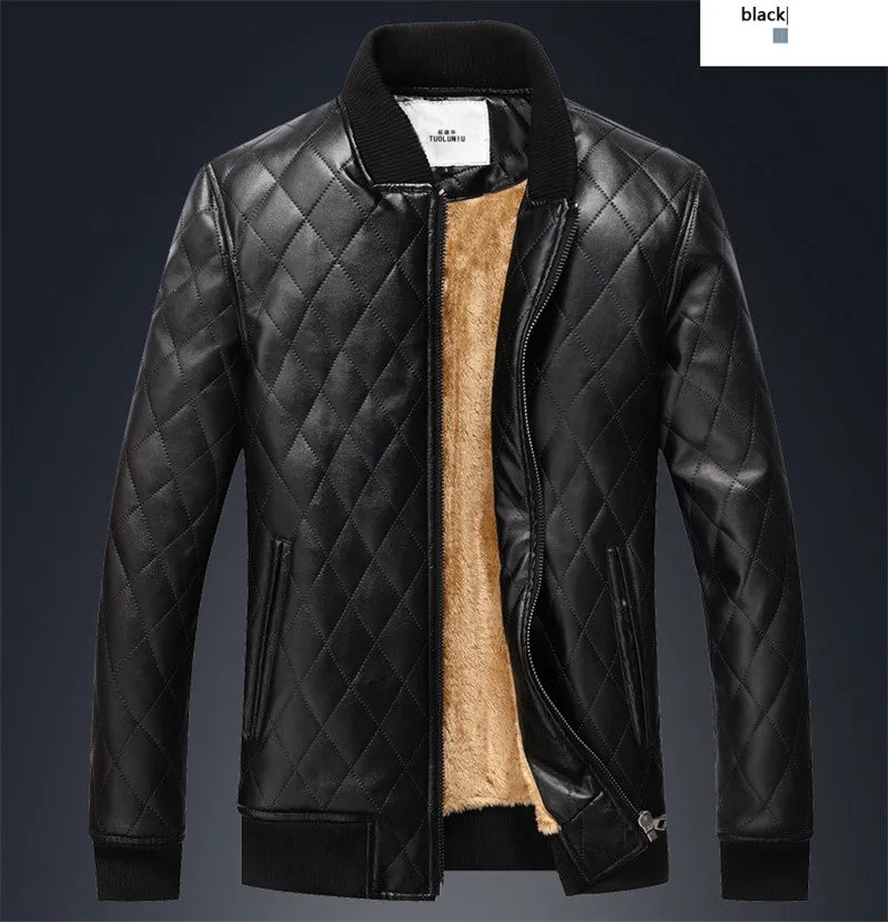 Solid Warm Fleece Plaid Stand Collar Men PU Leather Jacket