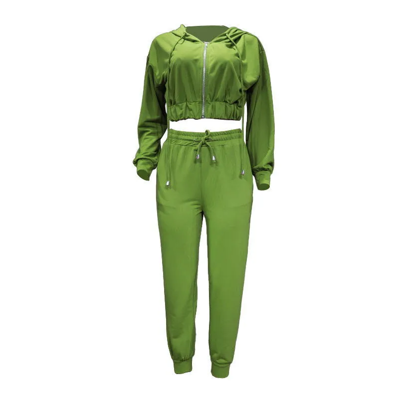 Sporty Long Sleeve Hooded Crop Jacket and Joggers Tracksuits