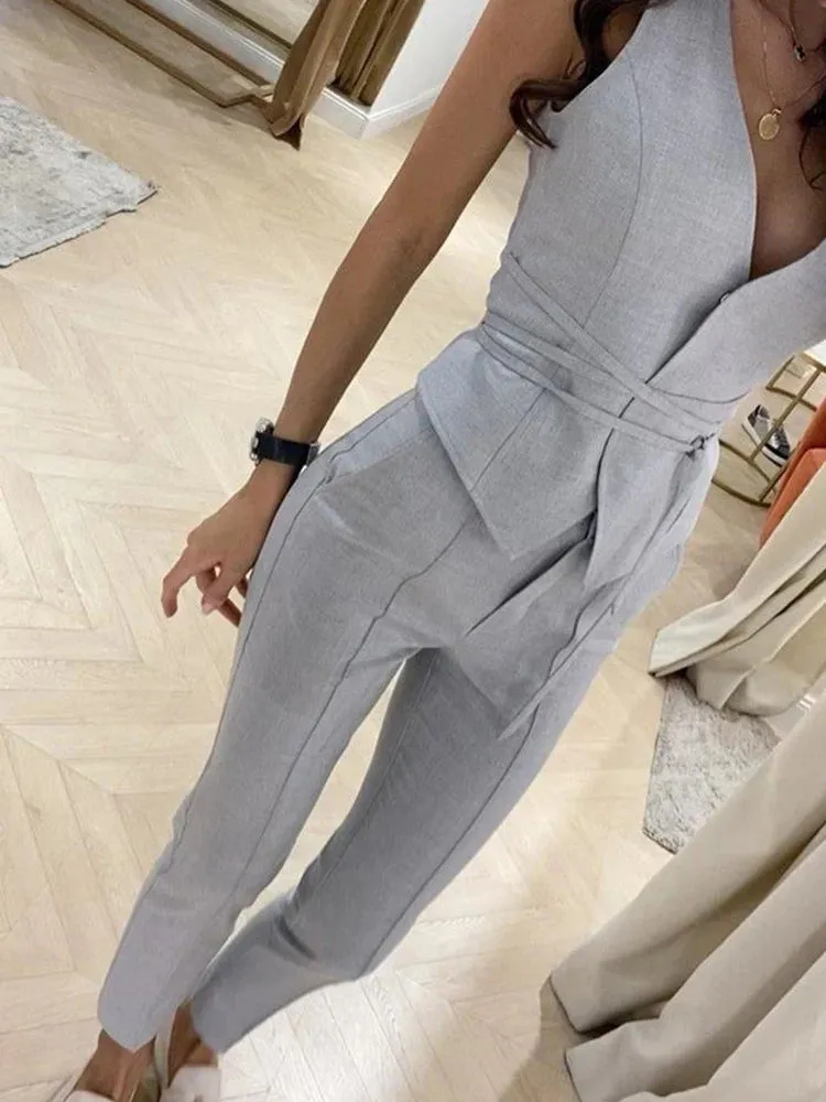 Summer New Solid Color Tank Top and Pants Set Temperament Waist Closing Sexy Tank Top and Pencil Pants Women's Two Piece Set