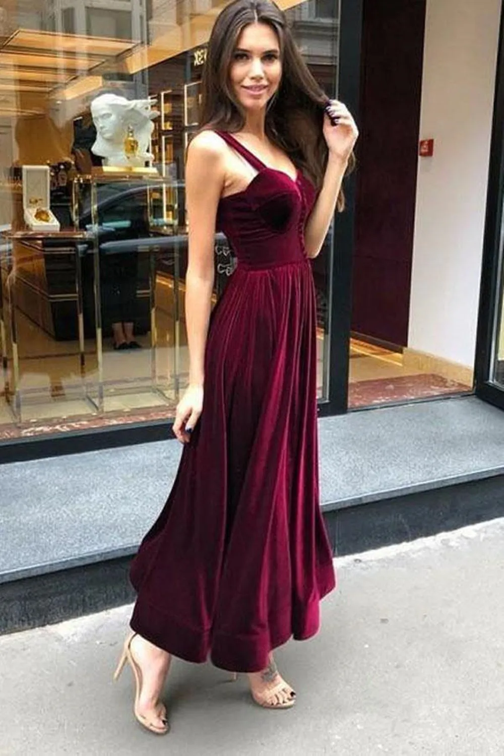 Sweetheart Neck Maroon Velvet Ankle Length Prom Dress, Short Maroon Homecoming Dress, Burgundy Formal Evening Dress