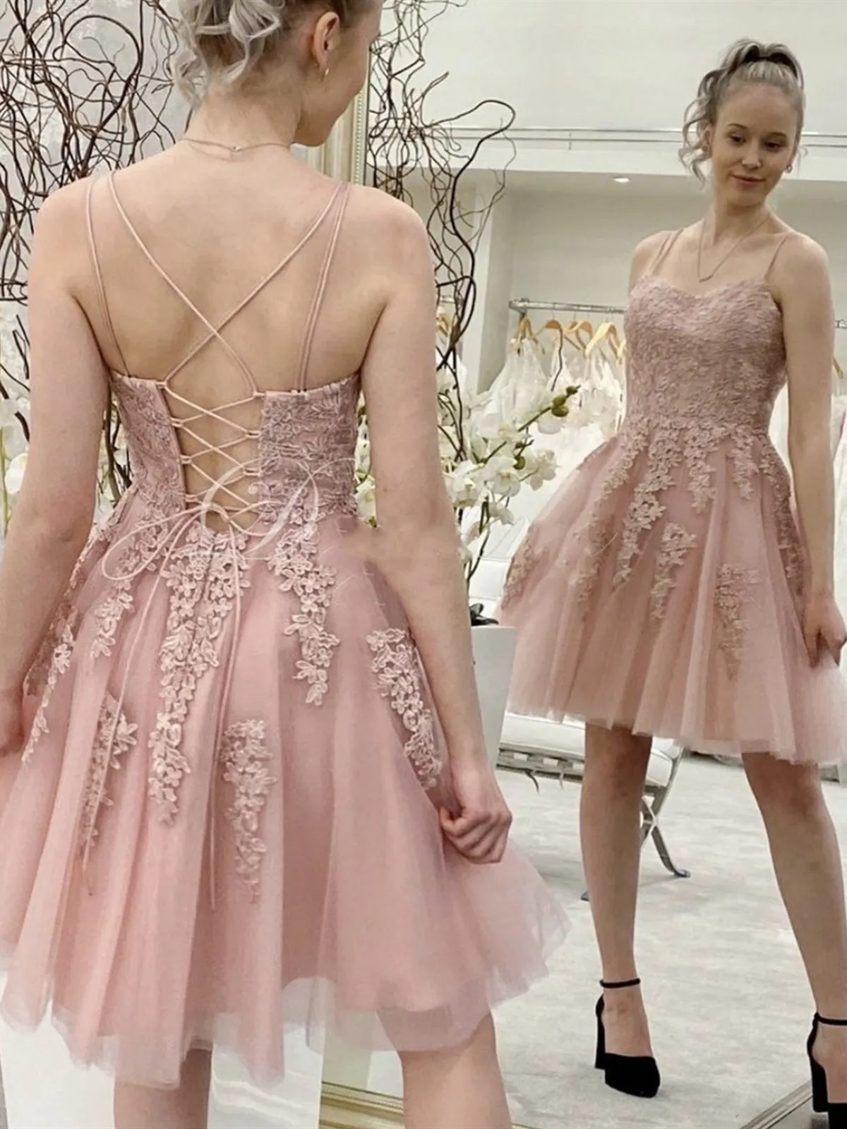 Sweetheart Neck Pink Lace Short Prom, Open Back Pink Lace Homecoming, Pink Lace Formal Evening