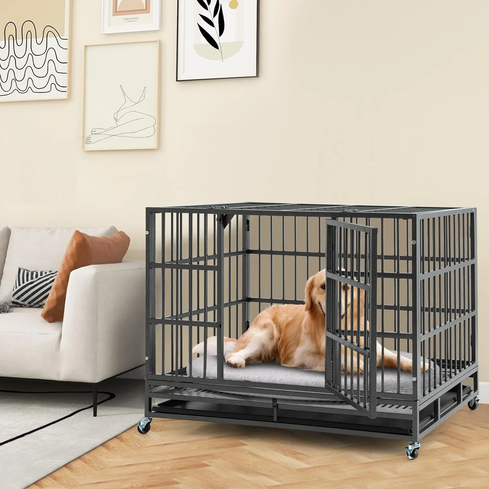 Tangkula Heavy-Duty Metal Dog Crate, Foldable Dog Kennel Crate with Lockable Wheels & Doors for Medium & Large Dogs