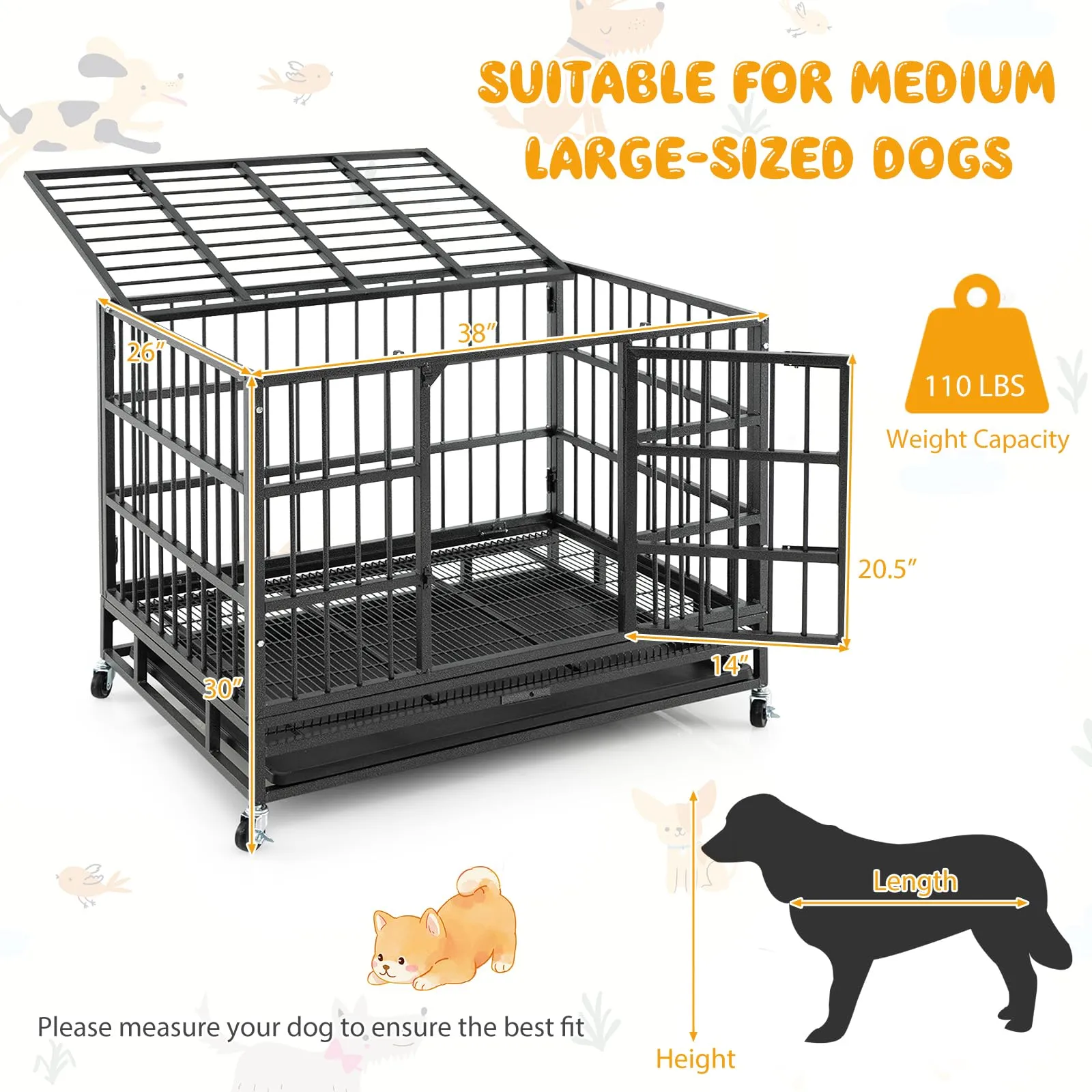 Tangkula Heavy-Duty Metal Dog Crate, Foldable Dog Kennel Crate with Lockable Wheels & Doors for Medium & Large Dogs