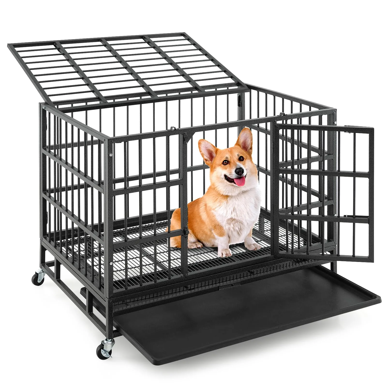 Tangkula Heavy-Duty Metal Dog Crate, Foldable Dog Kennel Crate with Lockable Wheels & Doors for Medium & Large Dogs