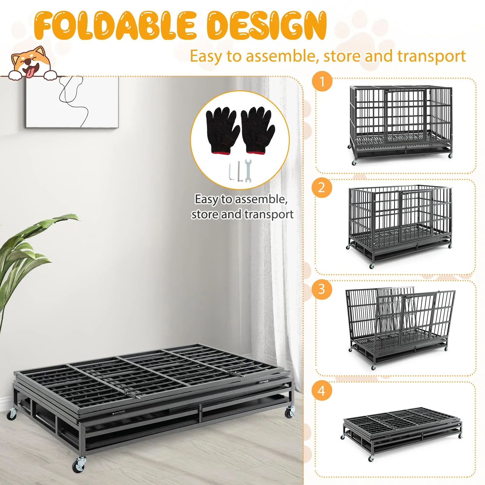 Tangkula Heavy-Duty Metal Dog Crate, Foldable Dog Kennel Crate with Lockable Wheels & Doors for Medium & Large Dogs