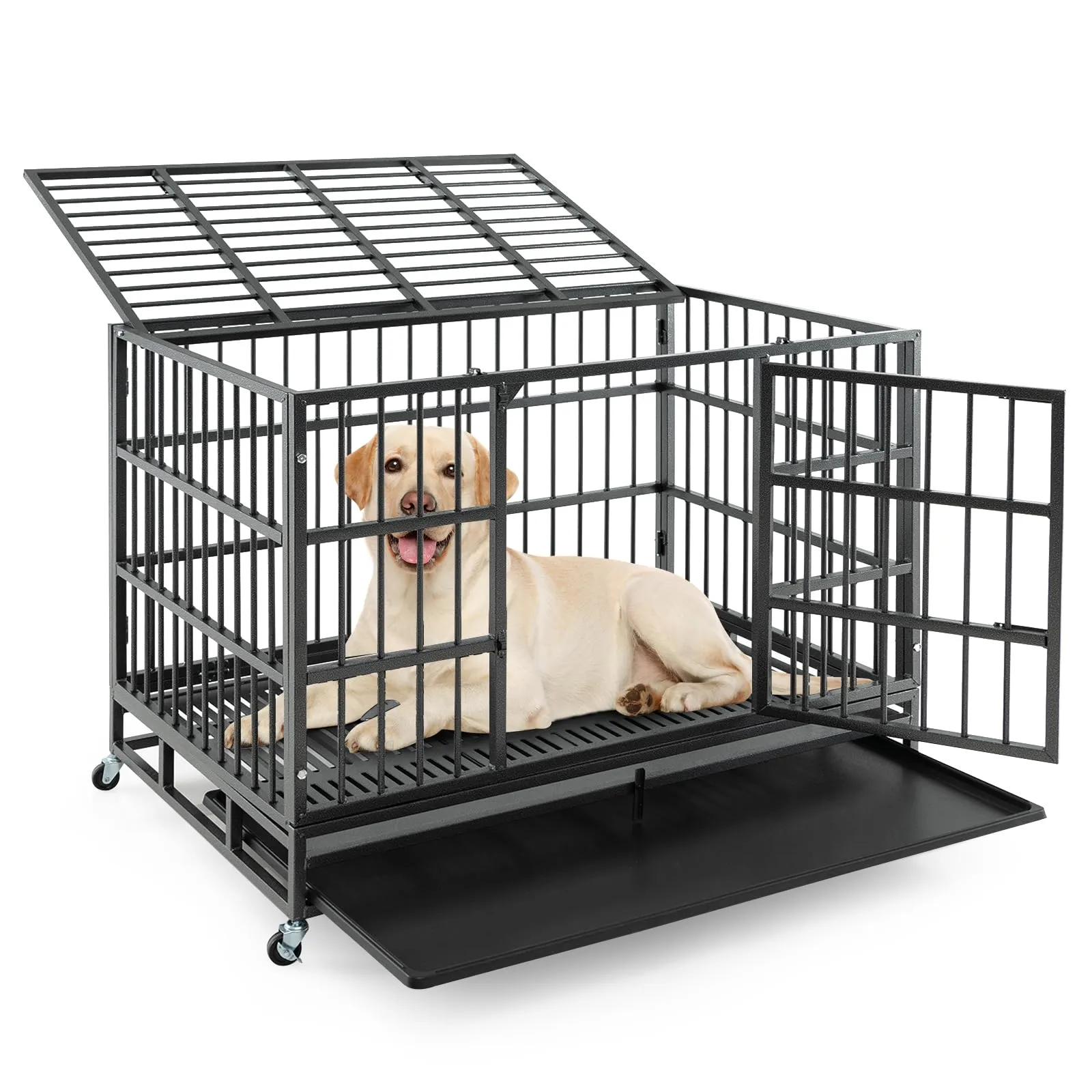 Tangkula Heavy-Duty Metal Dog Crate, Foldable Dog Kennel Crate with Lockable Wheels & Doors for Medium & Large Dogs