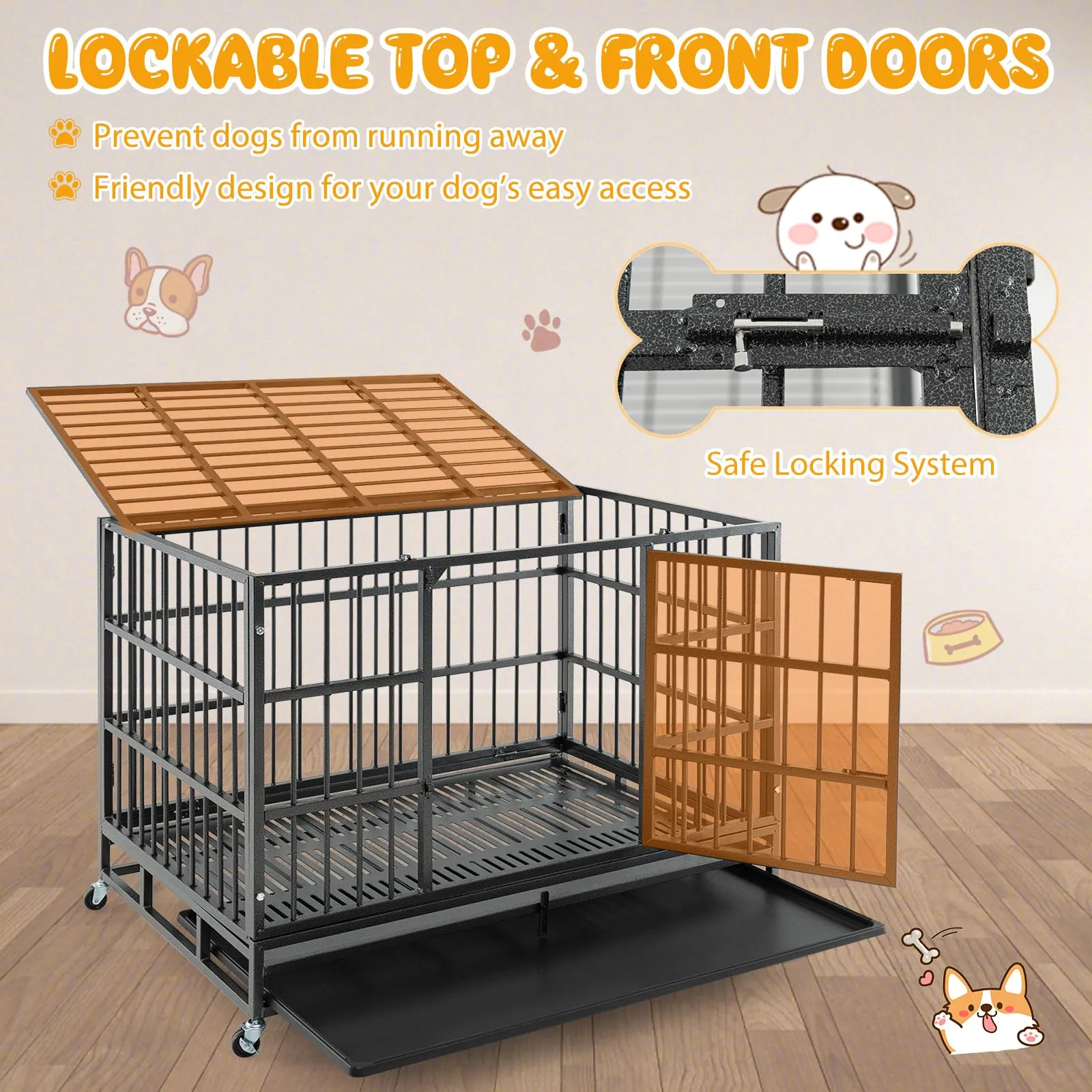 Tangkula Heavy-Duty Metal Dog Crate, Foldable Dog Kennel Crate with Lockable Wheels & Doors for Medium & Large Dogs