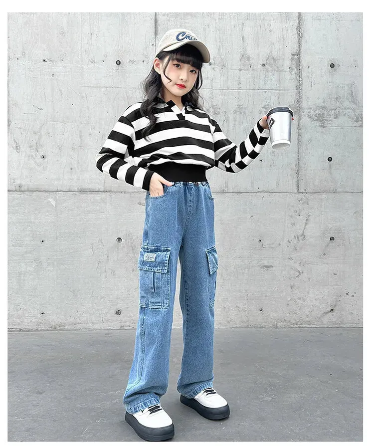 Teenager Girls Wide Leg Cargo Jeans School Young Children Trousers Spring Autumn New Fashion Kids Denim Pants 6 8 10 12 14 Years