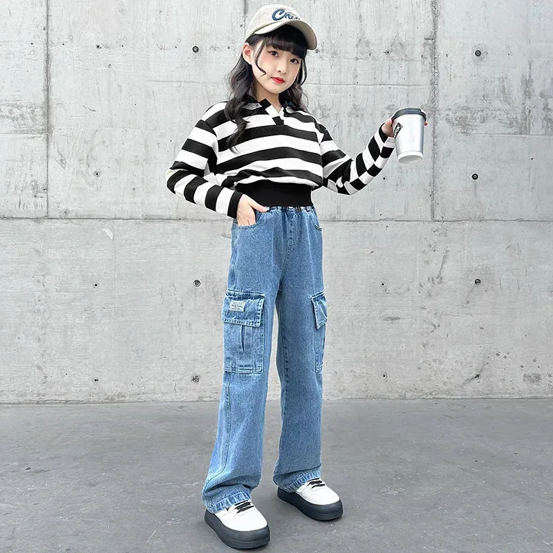 Teenager Girls Wide Leg Cargo Jeans School Young Children Trousers Spring Autumn New Fashion Kids Denim Pants 6 8 10 12 14 Years