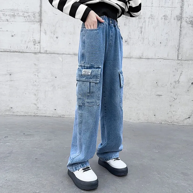 Teenager Girls Wide Leg Cargo Jeans School Young Children Trousers Spring Autumn New Fashion Kids Denim Pants 6 8 10 12 14 Years