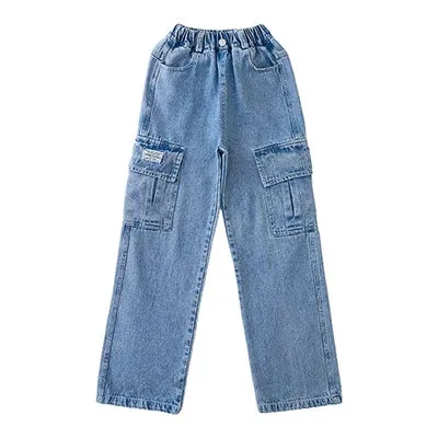 Teenager Girls Wide Leg Cargo Jeans School Young Children Trousers Spring Autumn New Fashion Kids Denim Pants 6 8 10 12 14 Years