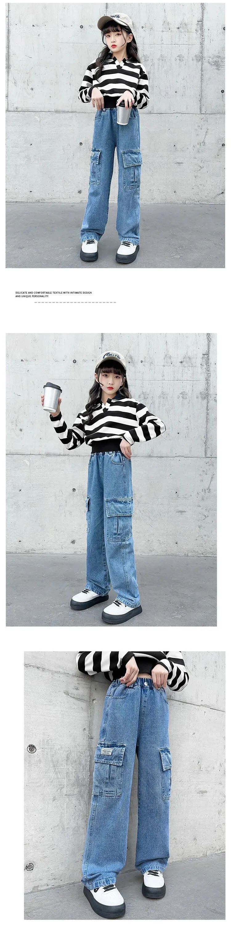 Teenager Girls Wide Leg Cargo Jeans School Young Children Trousers Spring Autumn New Fashion Kids Denim Pants 6 8 10 12 14 Years