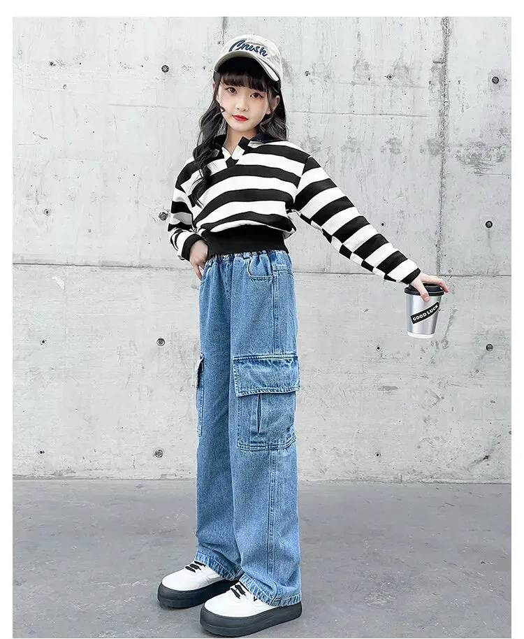 Teenager Girls Wide Leg Cargo Jeans School Young Children Trousers Spring Autumn New Fashion Kids Denim Pants 6 8 10 12 14 Years