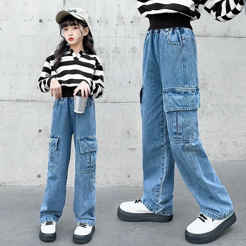 Teenager Girls Wide Leg Cargo Jeans School Young Children Trousers Spring Autumn New Fashion Kids Denim Pants 6 8 10 12 14 Years