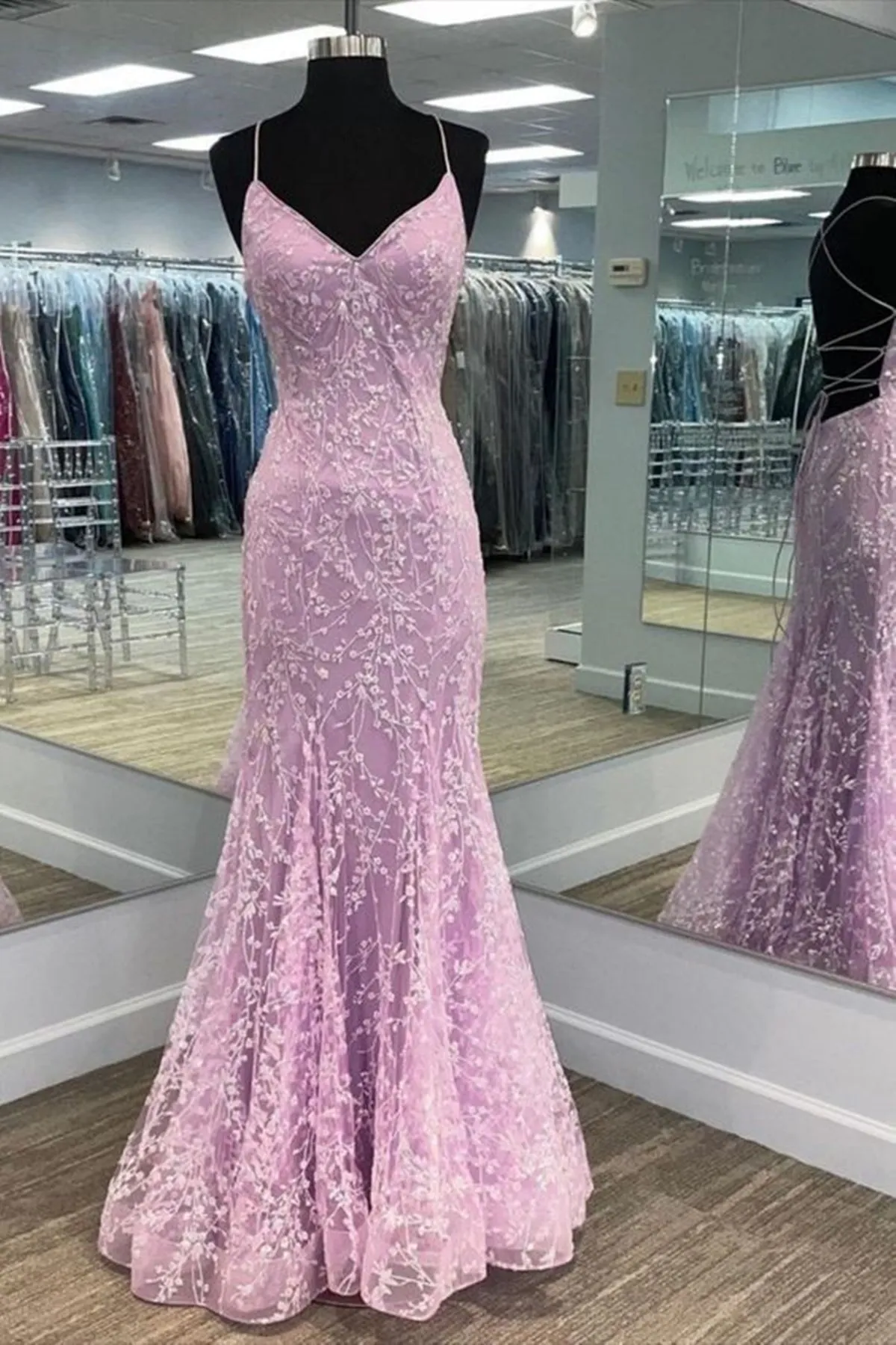 V Neck Backless Mermaid Purple Lace Long Prom Dress, Mermaid Purple Formal Dress, Purple Lace Evening Dress A1427