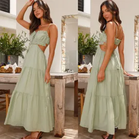 V-neck Sleeveless Solid Color Splicing Maxi Dress