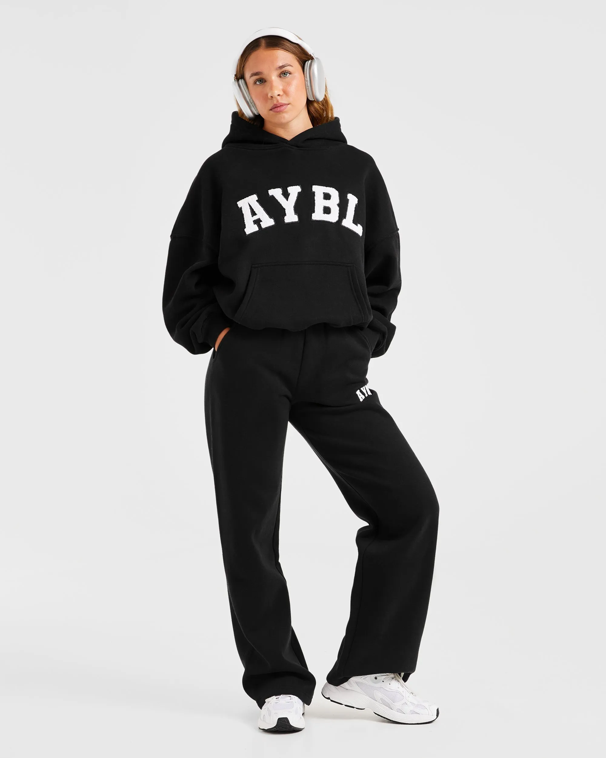 Varsity Oversized Straight Leg Joggers - Black