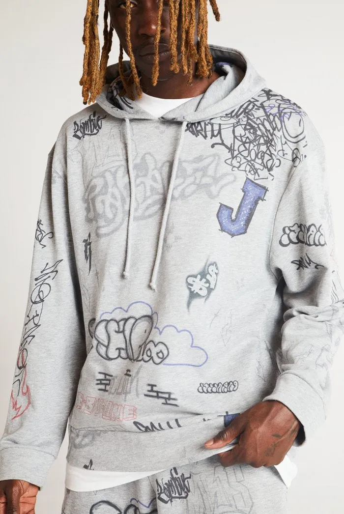 Varsity School Graffiti Print Oversized Hoodie