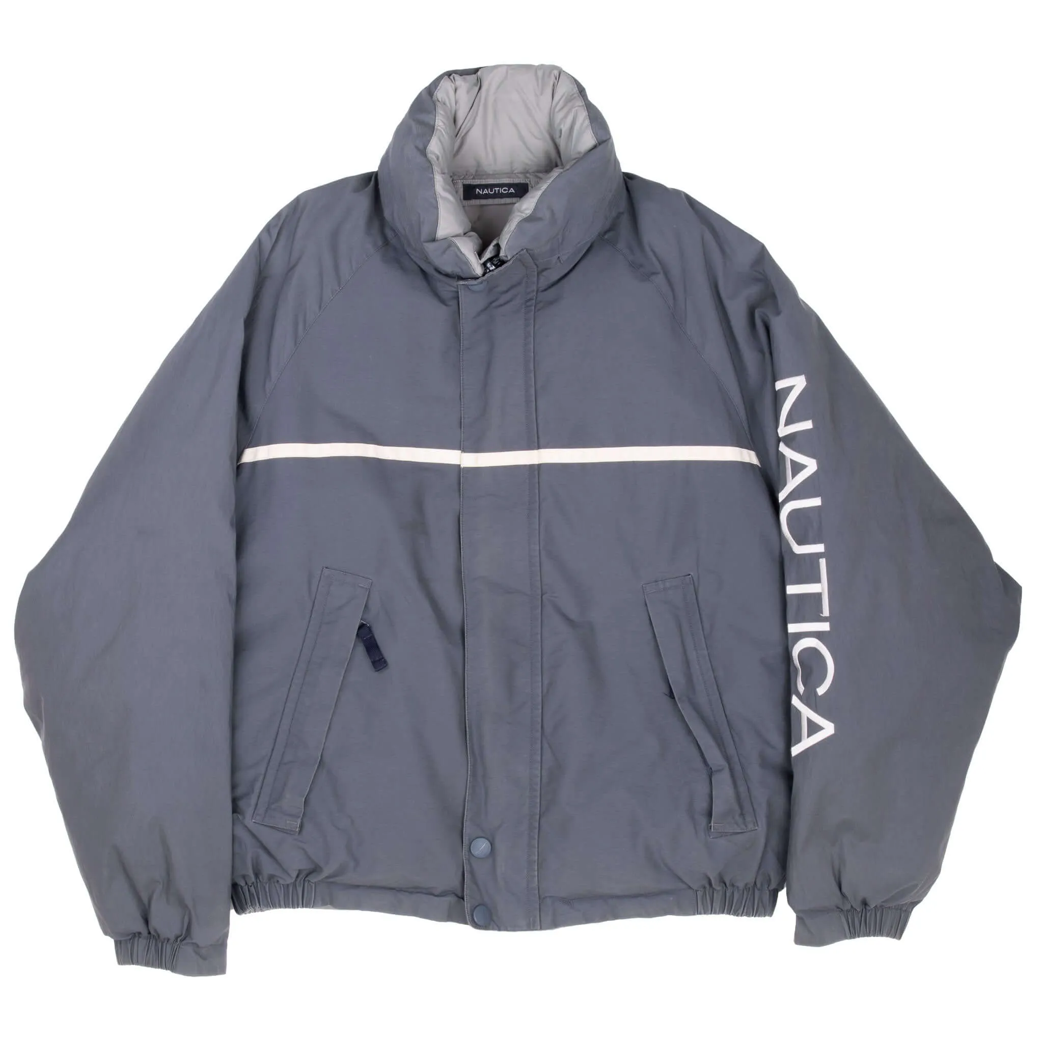 VINTAGE NAUTICA REVERSIBLE GREY PUFFER JACKET 1990S SMALL