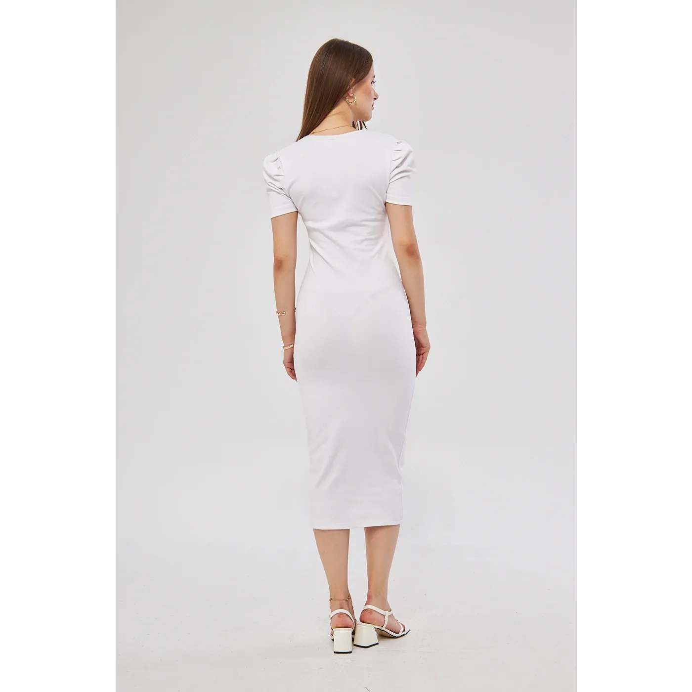 White Square Neck Puff Sleeves Bodycon Dress